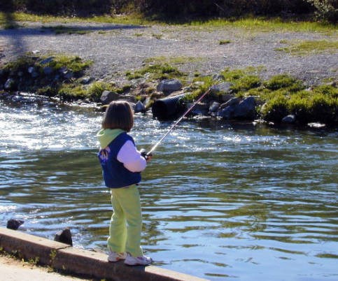 Child fishes in stream